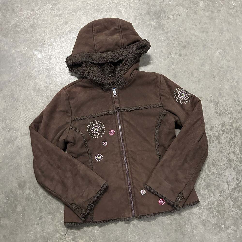 Rothschild Girls Brown Faux Suede Hooded Jacket with Floral Embroidery Size 6X